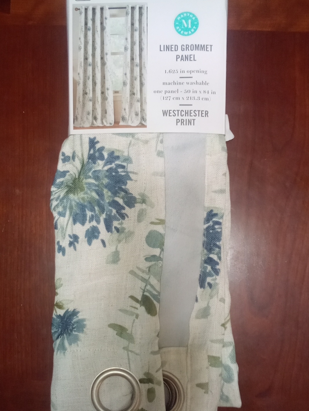 Martha Stewart Cream Curtain Panel with Blue and Green Floral Print 84" NWT $95